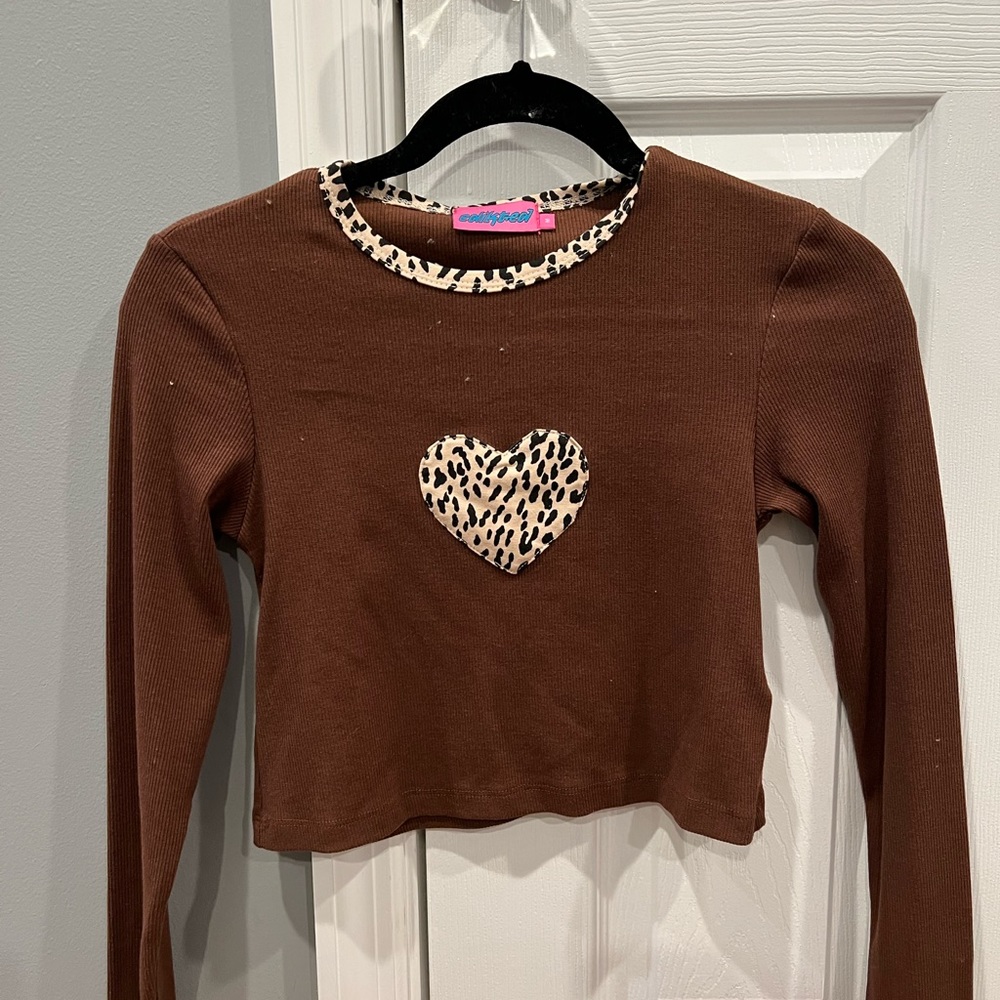 Edikted brown tight long sleeve top with cheetah print